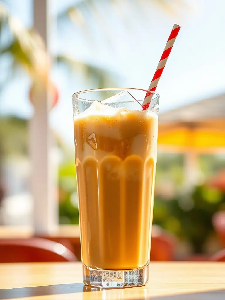 A refreshing glass of iced oat milk with a splash of fruit infusion, garnished with a sprig of mint. The drink is set against a bright, summery background.