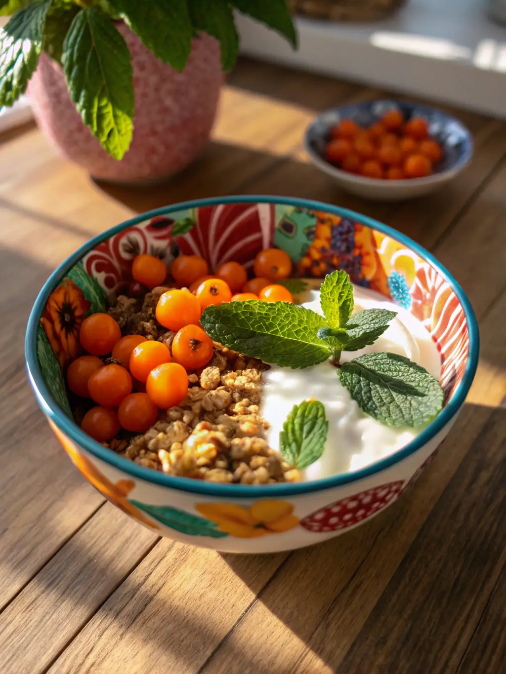 A vibrant, close-up shot of Oat Story's signature Oat Breakfast Bowl, showcasing the fresh fruits, nuts, and creamy oats. The bowl is placed on a rustic wooden table with a soft, natural light.