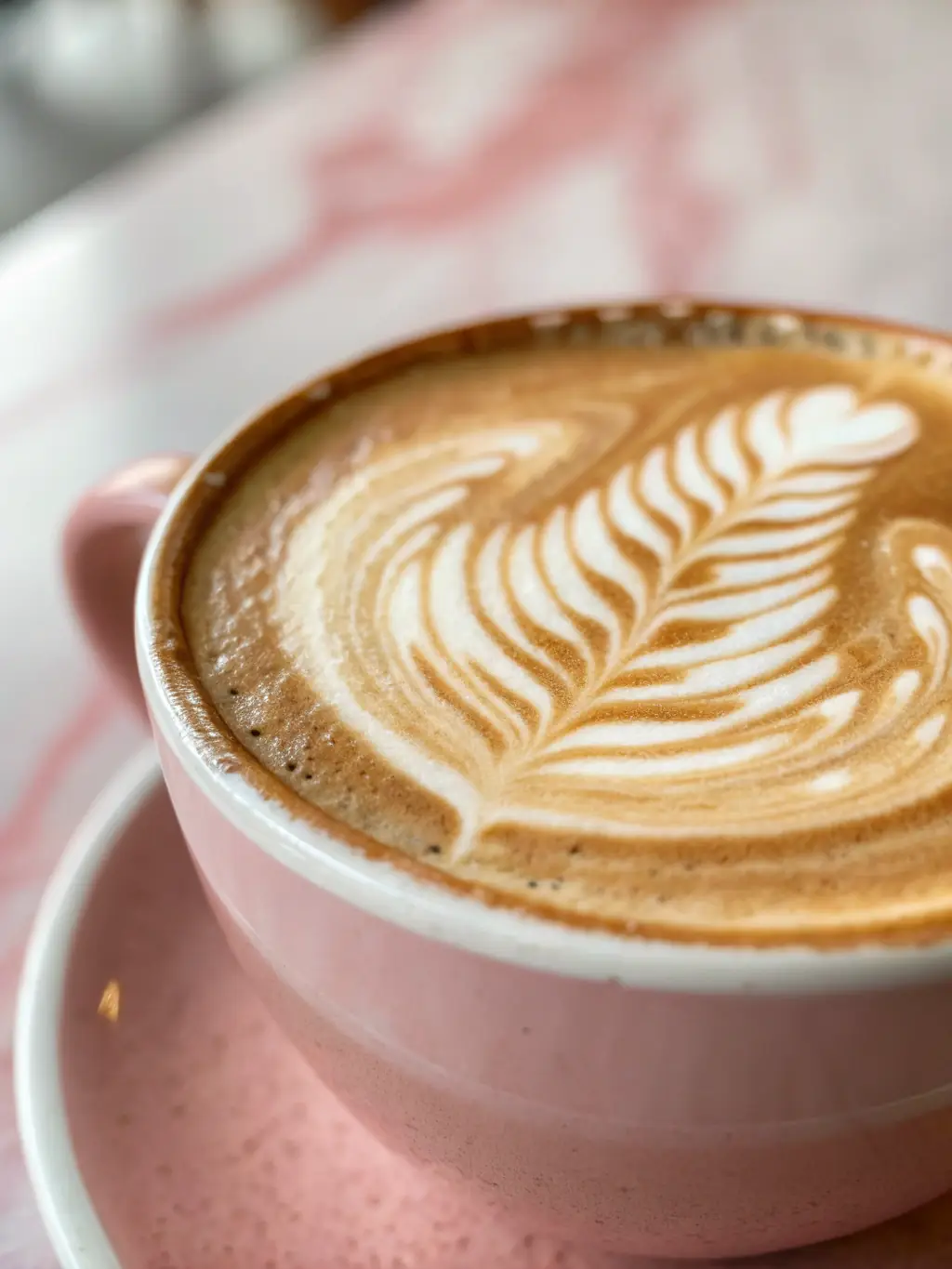 A beautifully styled Oat Milk Latte in a clear glass, highlighting the creamy texture and rich color. The latte is garnished with a sprinkle of cinnamon and placed on a marble countertop.